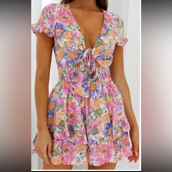 Selfie Leslie Dresses & Skirts - 🩷 Selfie Leslie Floral Tie Front Mini Dress | XS | Cottagecore Boho Ruffle | NWT